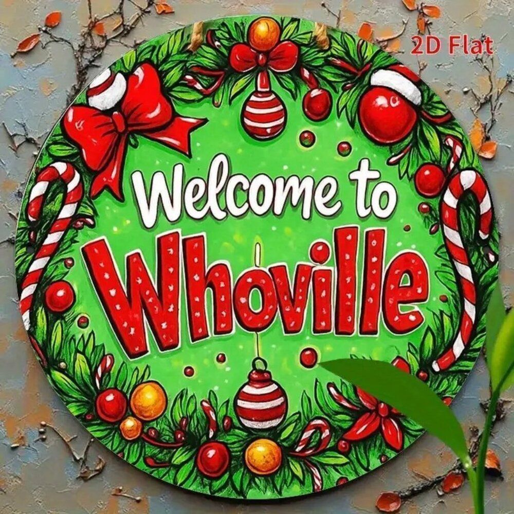 2D Flat Welcome to Whoville Themed 8" Round Iron Sign - Festive Christmas Decor